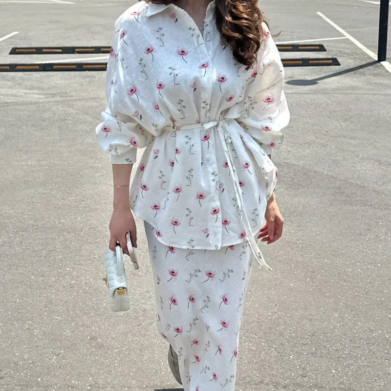 Women Two Piece Sets Skirt Set Floral Print Lantern Sleeve Turn Down Collar Shirt Long Skirts A Line Lace Up Y2k Elegant Work