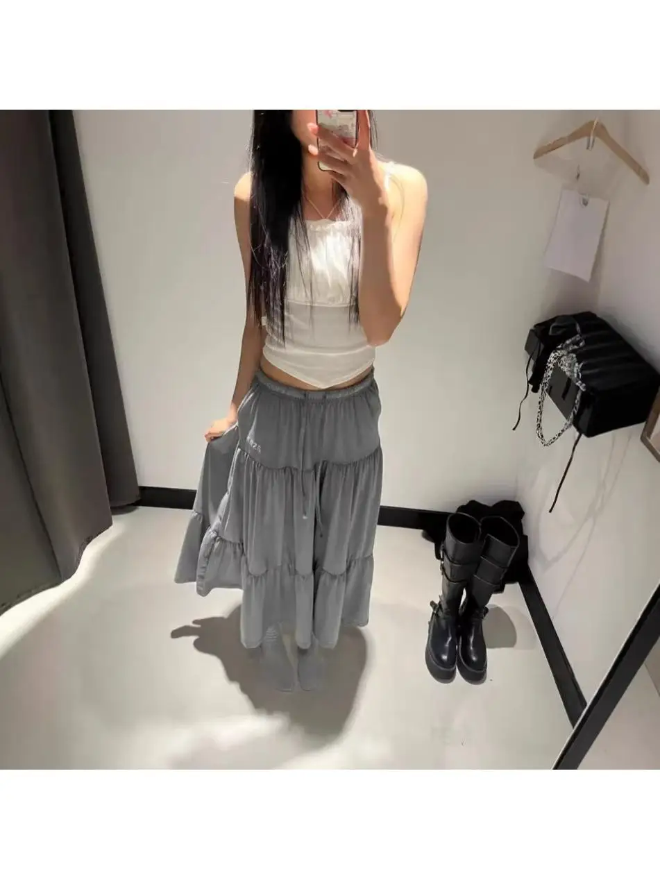 Long Skirt Cake Style Embroidered Letter Logo Overlap  Brand Women's Midi Skirt Casual Leisure Polyester Fiber