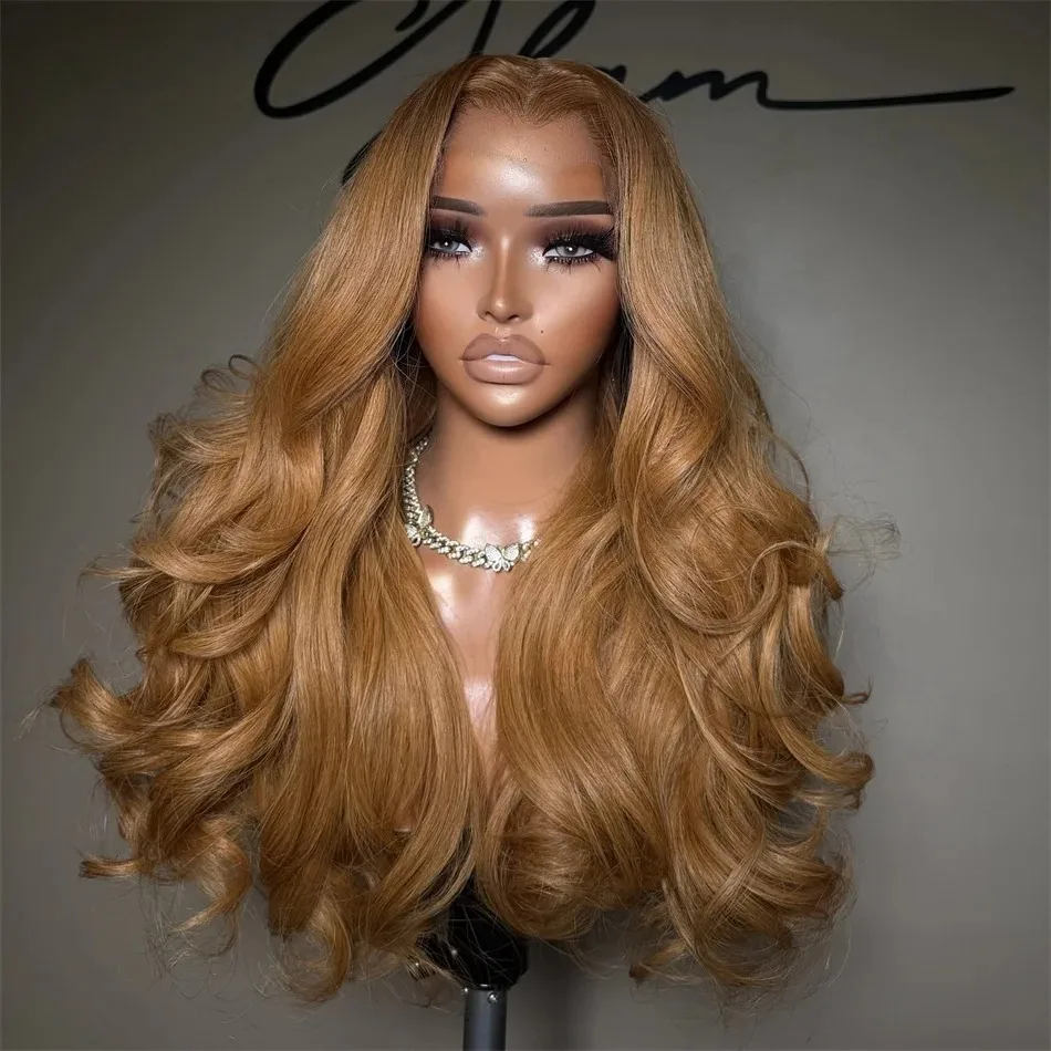 Honey Blonde Body Wave 13x4 HD Transparent Lace Frontal Wig Synthetic Heat Resistant Glueless Pre Plucked  Wig For Women