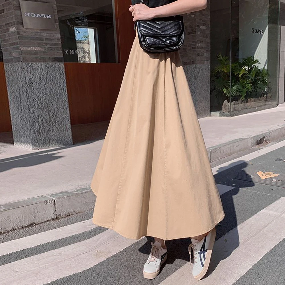 S-2XL Size A-Line Slimming Half Long Skirt Female Black Green Khaki Thin High Waist Skirt for Women Commute Pure Color Costumes