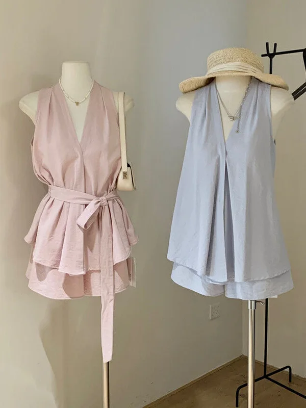 

Women's Gentle V-Neck Sleeveless Strap Top High Waist A-Line Shorts Summer Fashion Set Two-Piece Suit Short Length Pants