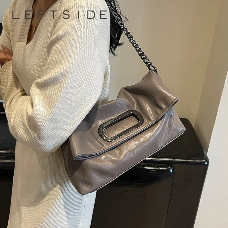 

LEFTSIDE Retro Chain Leather Shoulder Bags for Women Simple Hand Bag 2025 Winter Crossbody Bag Lady Travel Vintage Handbags