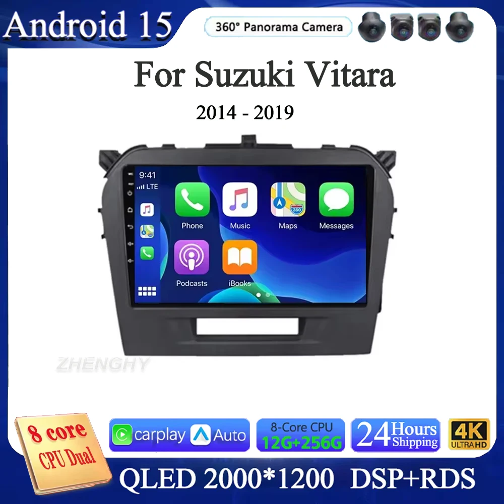أندرويد 15 Carplay راديو السيارة لسوزوكي فيتارا 2014 - 2019 الملاحة نظام تحديد المواقع مشغل وسائط متعددة ستيريو واي فاي + 4G السيارات DSP BT 360 كاميرا