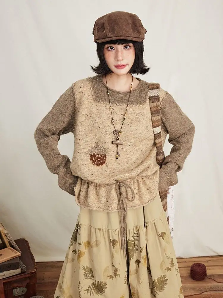 

Vintage Pinecone Jacquard Sweater 2025 Autumn Fake Two Piece Design Cottagecore Aesthetic Drawstring Womens Fashion