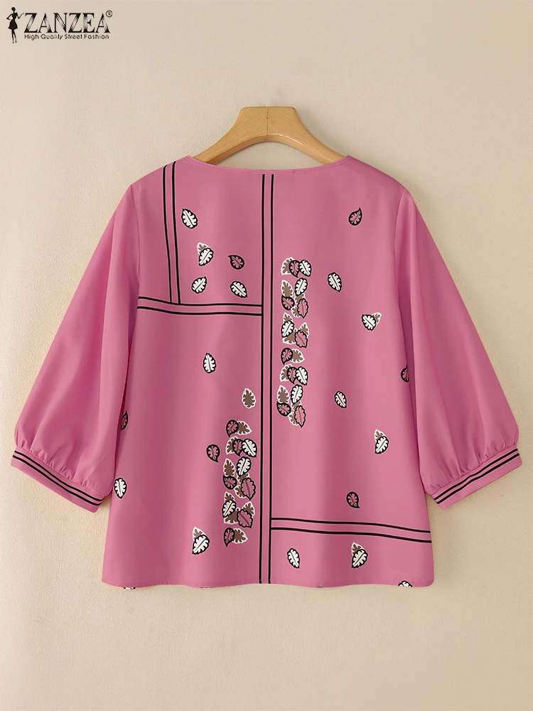 ZANZEA Vintage Women Printed Blouse 2025 Autumn Puff Sleeve Shirts Casual Tunic Tops Fashion O-Neck Loose Oversized Clothing