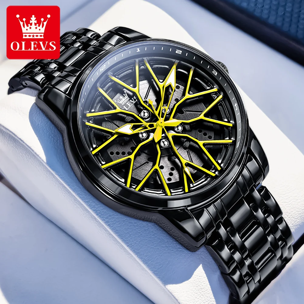 OLEVS Quartz Watch for Man Hollow Rotary Wheel Dial Original Black Stainless Steel Waterproof Luminous Men's Wrist Watches 3701