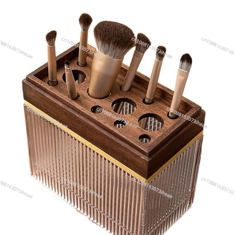 Black walnut makeup brush desktop storage box, eyebrow pencil storage bucket, dust-proof cosmetic storage bucket with lid