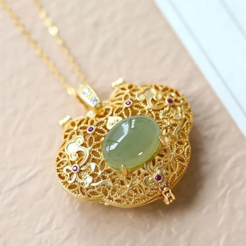 S925 Pure Silver Gold-plated Fragrant Bag Pendant Real Charm Vintage Amulets Luxury Necklace Carved Natural Stone Jewelry