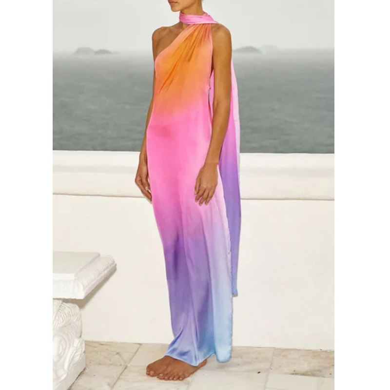 Color Gradient Swimwear Dress European and American Droop Design Loose Long Tape Maxi Skirt One-shoulder Irregular Swimsuit