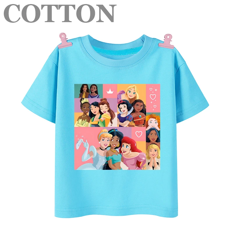 Disney animated princess summer fashion cotton multi-style children\'s cartoon T-shirt round neck short sleeve print pattern