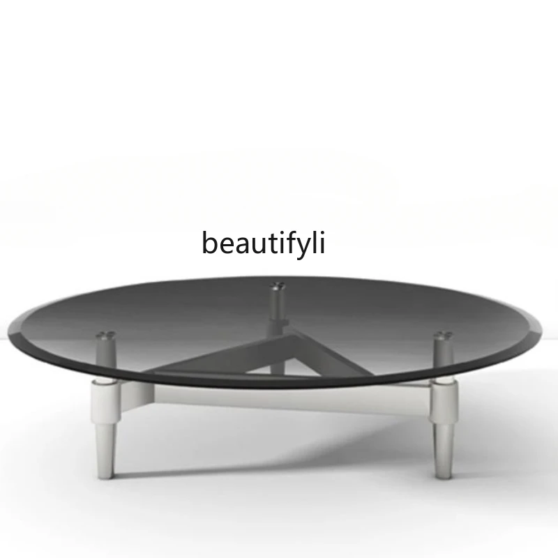 

Light Luxury Tea Table Creative Stainless Steel round Tea Table Designer Tempered Gray Glass Tea Table