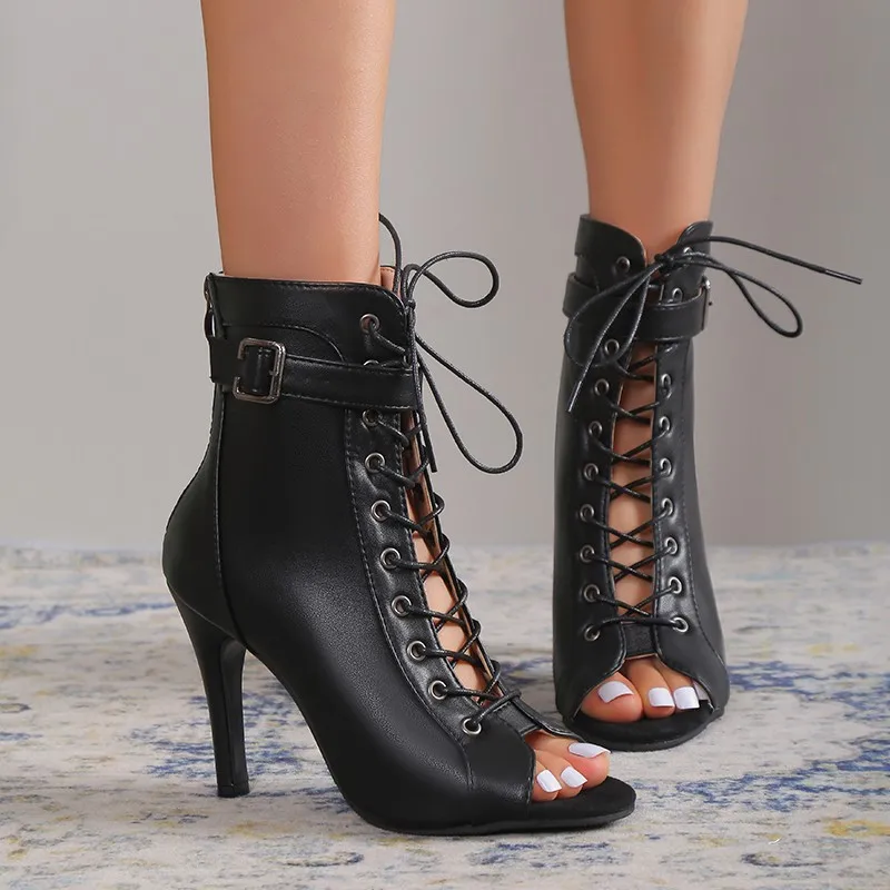 PU Lace Up Cool Boots for Women 2023 Summer Hollow Short Boots with Thin and High Heels Dance Shoes Large Open Toe Rock