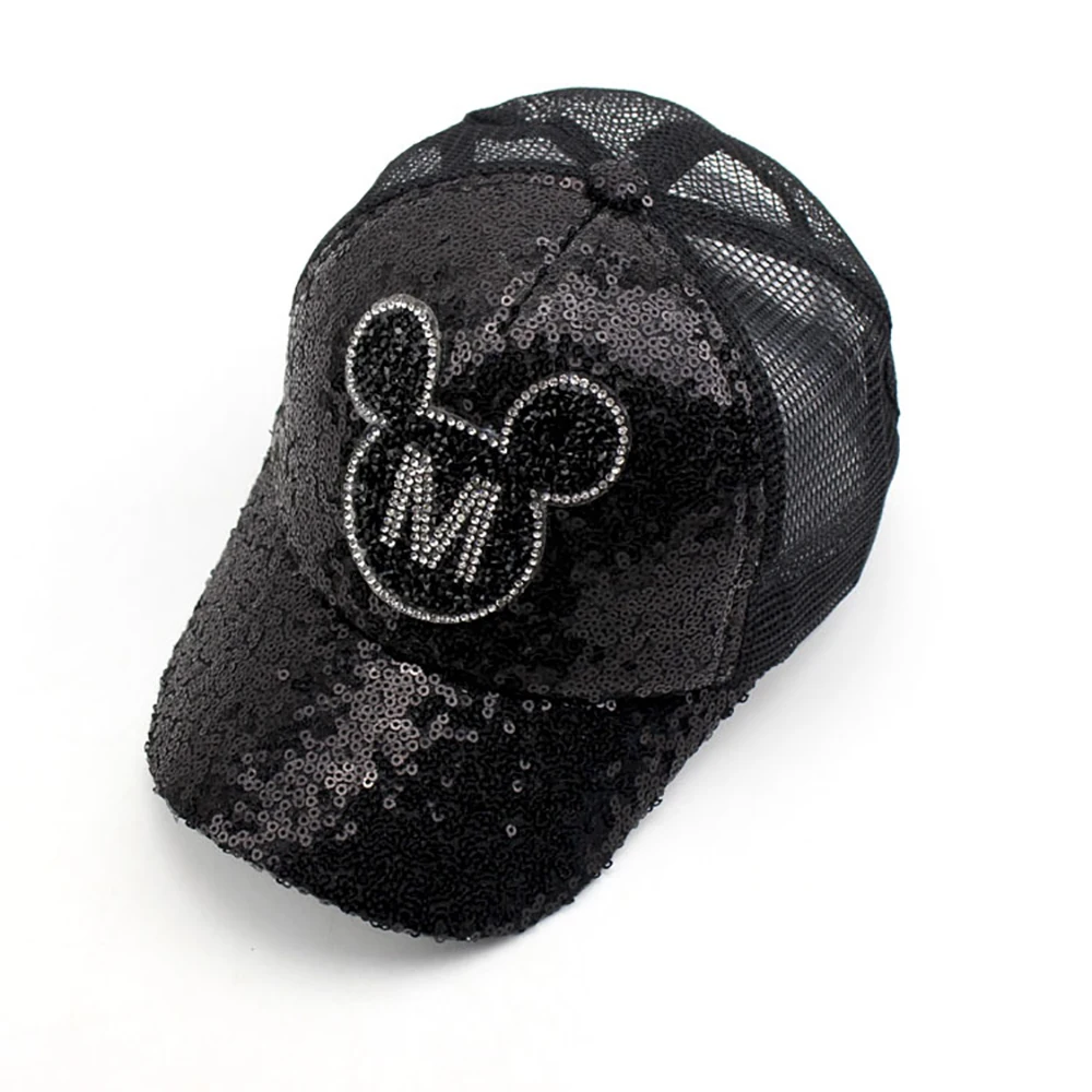 Disney-boné de beisebol com lantejoulas e mickey design para menino e menina, pala ajustável com design dos desenhos animados, novo