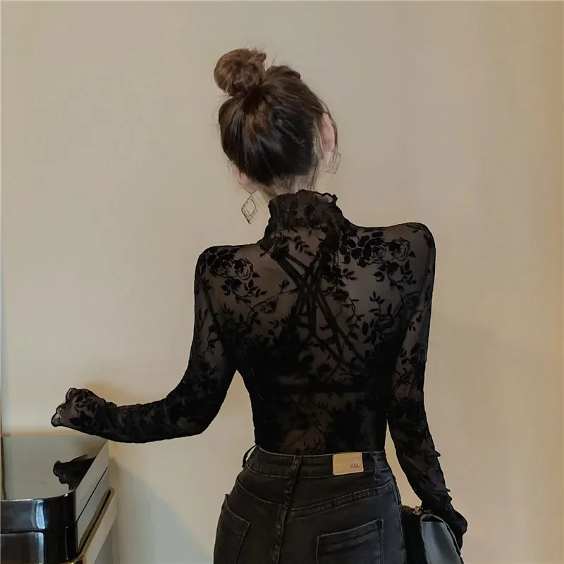 Size M-XXXL Transparent Flocking Mesh T-shirt Women Turtleneck Slim Long Sleeve T Shirts Girls Elastic Tops Tees Shirts