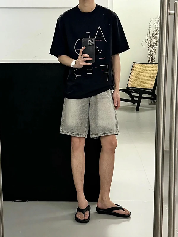 

Waed Denim orts Men's Trendy Brand American Loose Straight Five-Point Summer Thin f-Length Jeans Casual Breathable