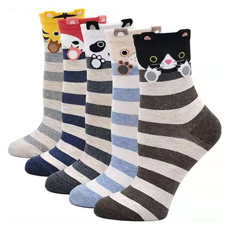 5 Pairs Fashion Colorful Kawaii Cute Cartoon Cotton Women Socks Comfortable Cat Polka Dog Stripe Casual Funny Korean Style Sock