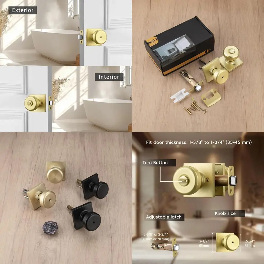 

6-Pack Gold Door Knobs with Square Rosette for Bathroom & Bedroom, Heavy Duty Locking Door Handle