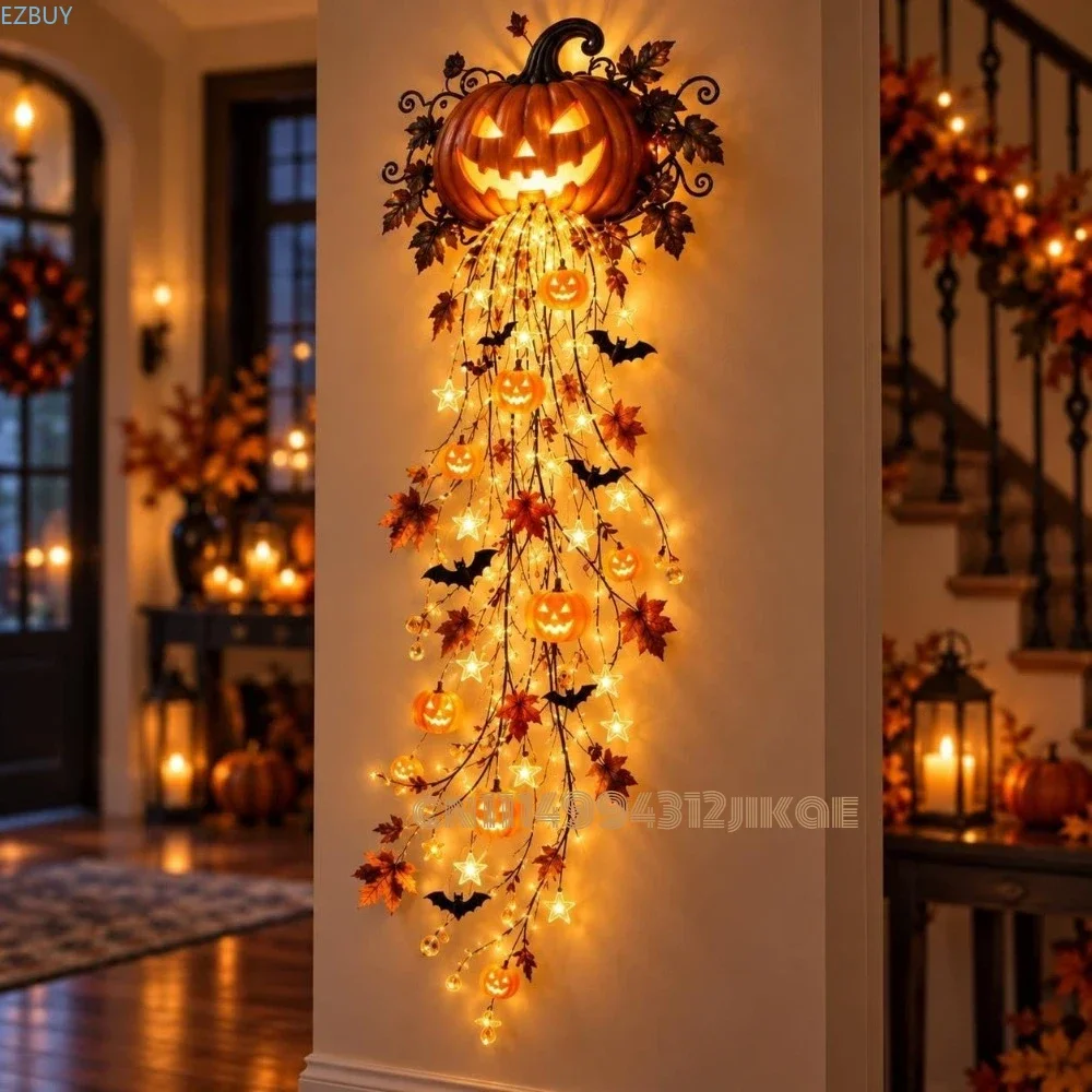 Elegant Halloween Cascade Wall Light Collection, Pumpkin String Lights with Orange Curtain, LED Waterfall Decor with Bat