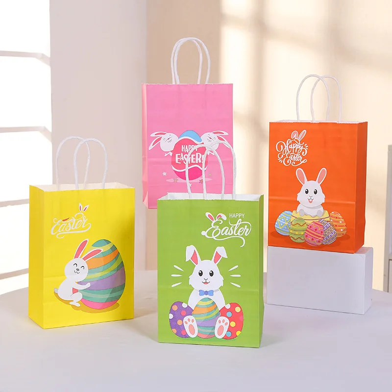 16/32/64/80pcs Easter Theme Rabbit Egg Pattern Paper Gifts Bags Candy Biscuit Handbag Happy Easter Party Decor Supplies Gifts