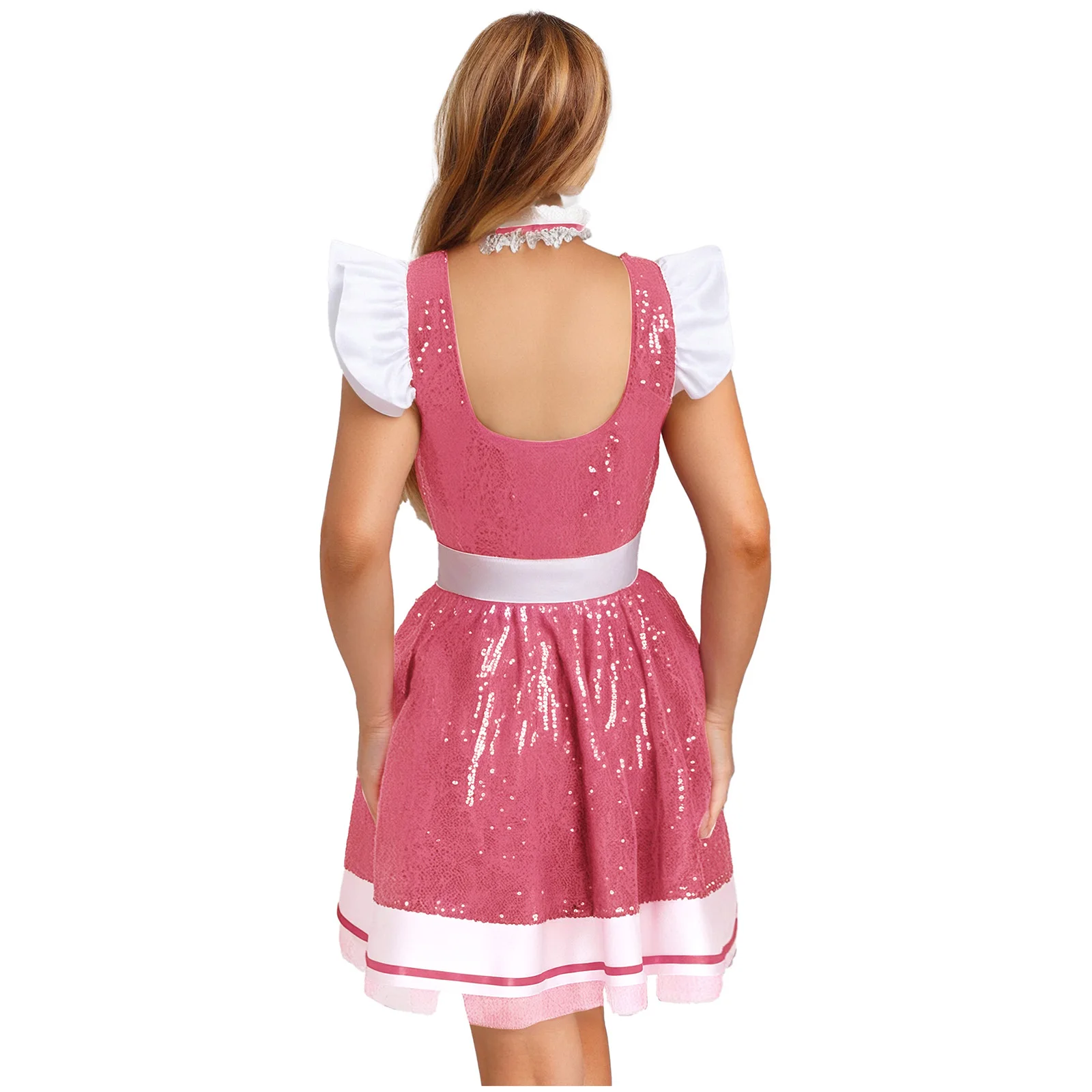 فستان نسائي للهالوين للخادمة التأثيرية وقلادة بأكمام طويلة مزين بالدانتيل ومئزر لامع ترتر تول فستان داخلي للملهى الليلي #3