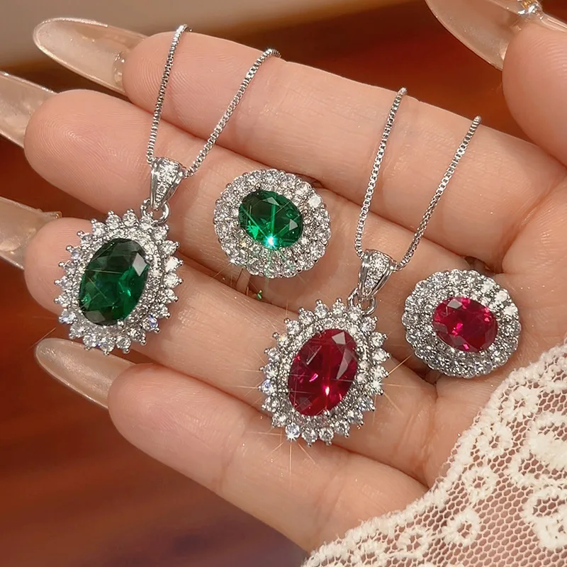 

Jewelry Set Necklace Ring Accessories Emerald Ruby Vintage Versatile Fashion Women's Hair