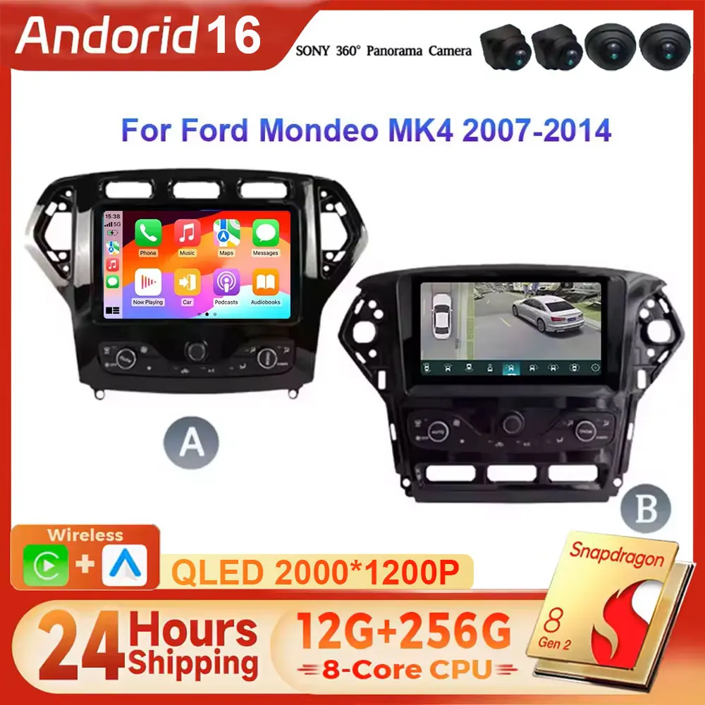 Android 16 Autoradio für Ford Mondeo MK4 2007-2014 Multimedia Navigation 4G Stereo Wireless BT Carplay 12+256 2K QLED Bildschirm