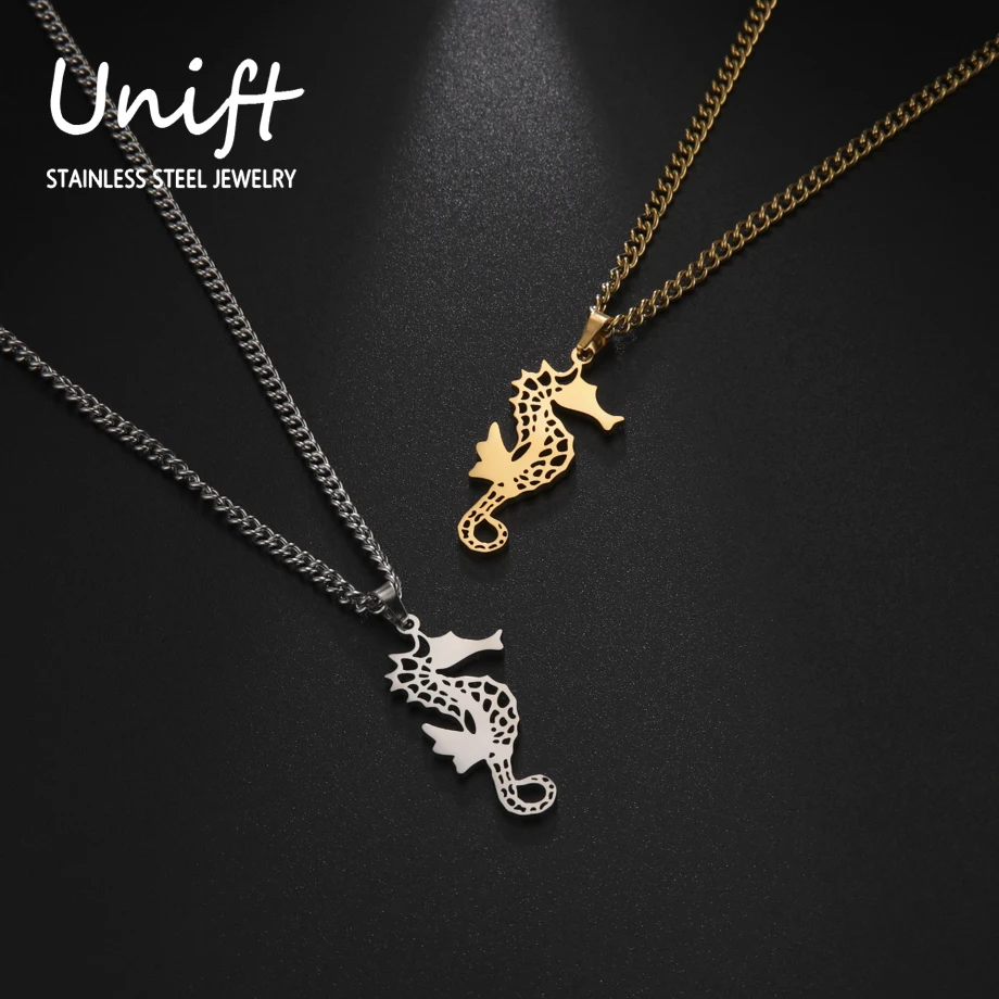 Unift Seahorse Simulation Animal Pendant Necklace Women Stainless Steel Fashion Charms Jewelry Ocean Party Accessories Gifts