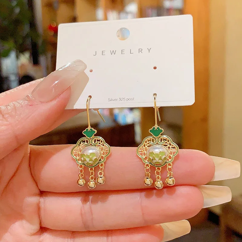 

Chinese Classical Style Lucky and Auspicious Hollow Enamel Pearl Tassel Women's Earrings Retro Accessories
