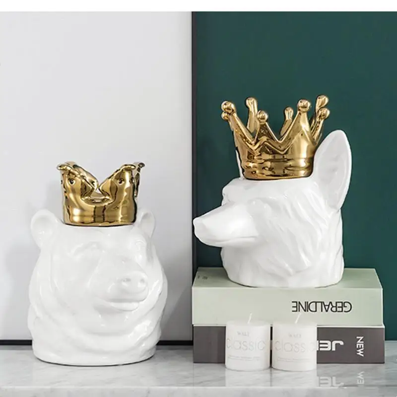 Golden Crown White Ceramic with Lid Storage Candy Jar Desktop Decoration Animals Nordic Home