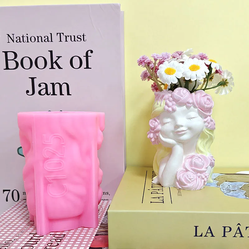 Girl with Flower Wreath Silicone Mold for Flower Pot DIY Cement Plaster Succulent Planter Mold, Girl with Closed Eyes Relief Vase Handmade Casting Mold
