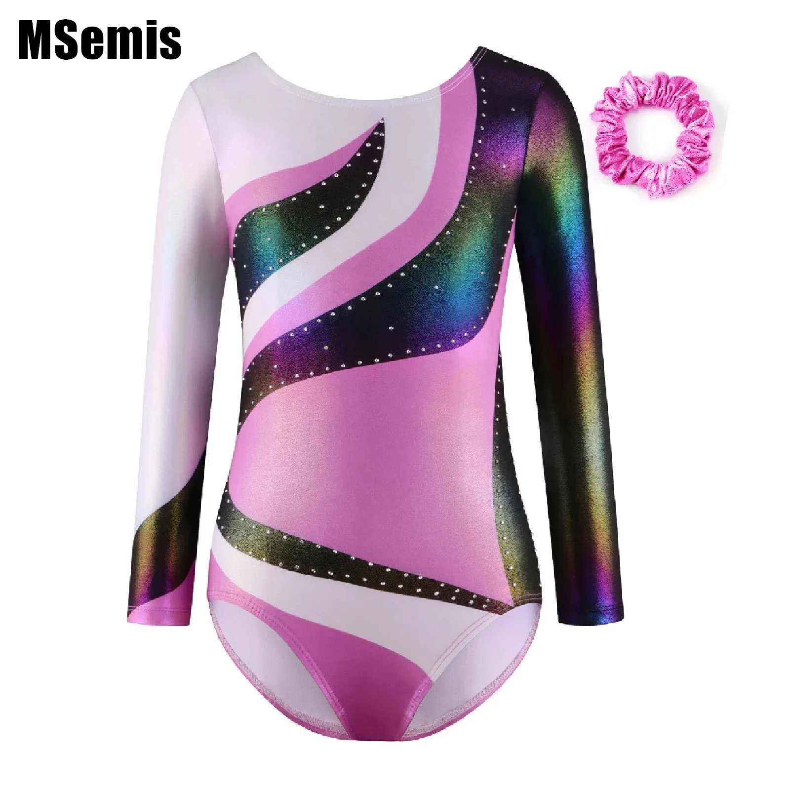 

Kids Girls Gymnastics Outfit Rhinestones Decorated Metallic Contrast Color Long Sleeve Leotard with Hair Band for Competition