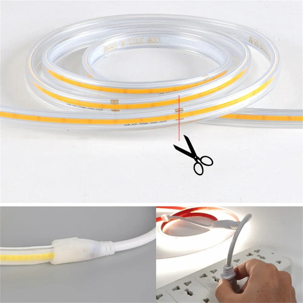 220V Super Bright COB LED Strip 220V LED Ribbon Flexible Tape COB Tape Neon Lights For Kitchen Room Garden Outdoor Lighting