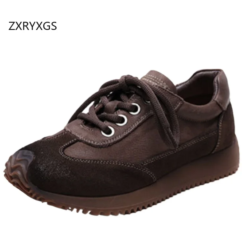 ZXRYXGS 2026 Classic Retro Women Genuine Leather Sneakers Casual Shoes Lace-up Elegant Temperament  Flat Sneakers Trendy Shoes