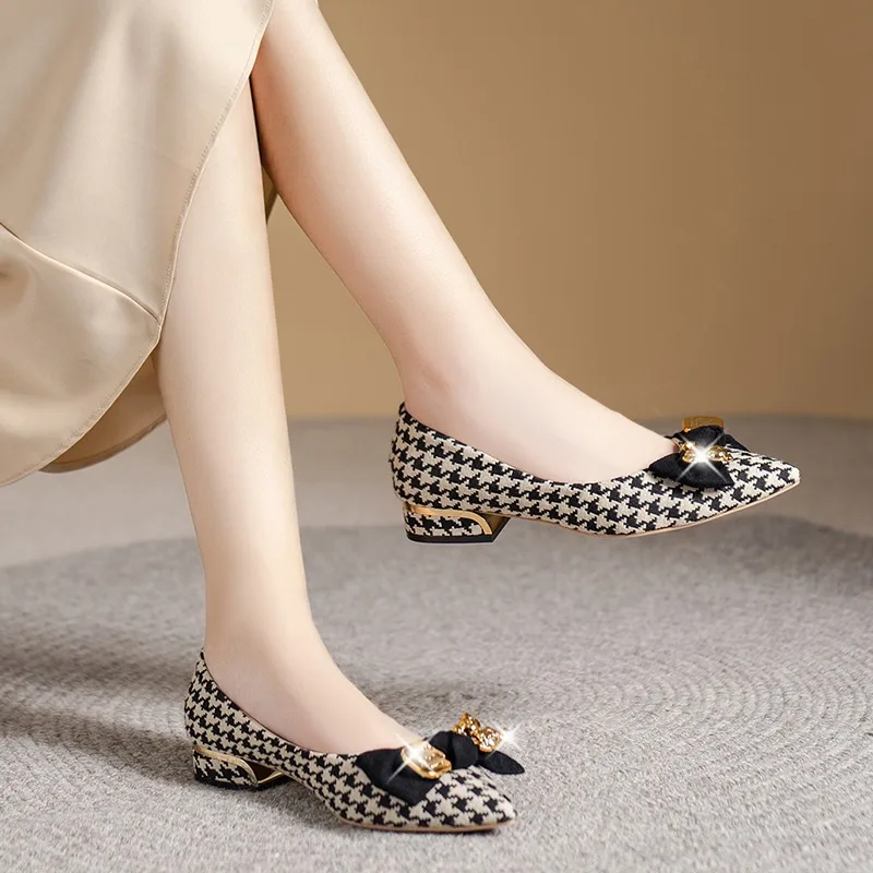 Mulheres apartamentos sapatos outono novo dedo do pé apontado deslizamento em cores misturadas houndstooth mocassins borboleta-nó boca rasa tênis feminino