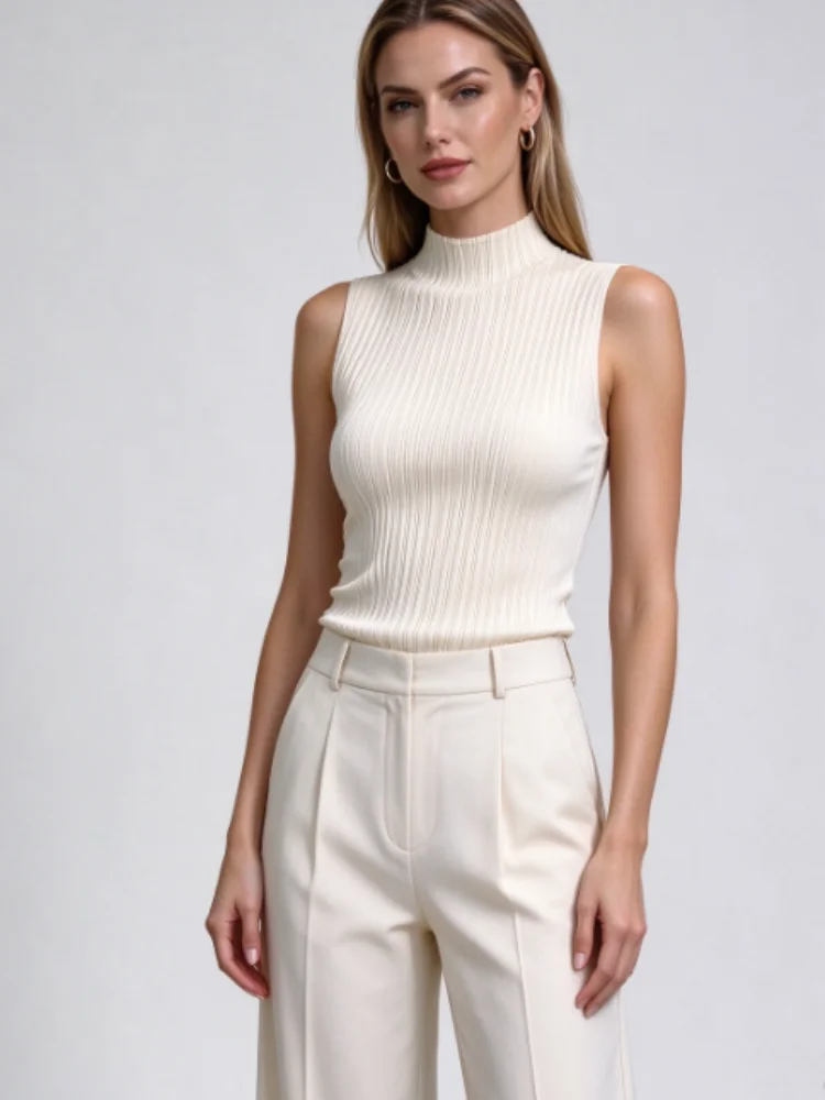 Miyake Women Cream Vertical Ribbed Mock Neck Top, Sleeveless Slim Fit Blouse, Stretch Knit Casual Tank
