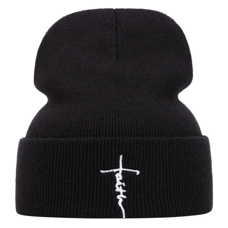 Faith letter embroidered knitted cap for men and women, autumn and winter outdoor warm sports event woolen cap, bean cap