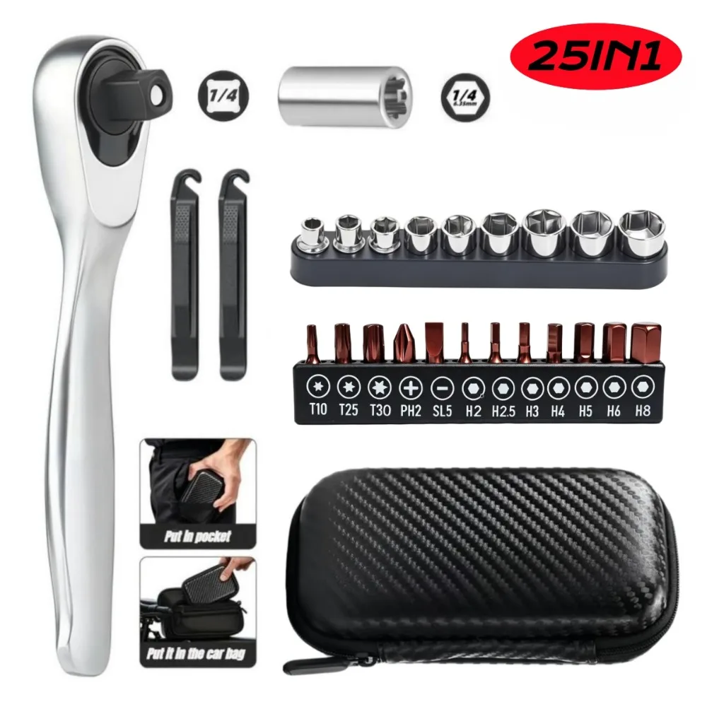 Chave de Catraca Mini de 1/4'' com 72 Dentes, Soquete e Chave de Fenda Hexagonal, Ferramenta Manual Multifuncional para Reparos