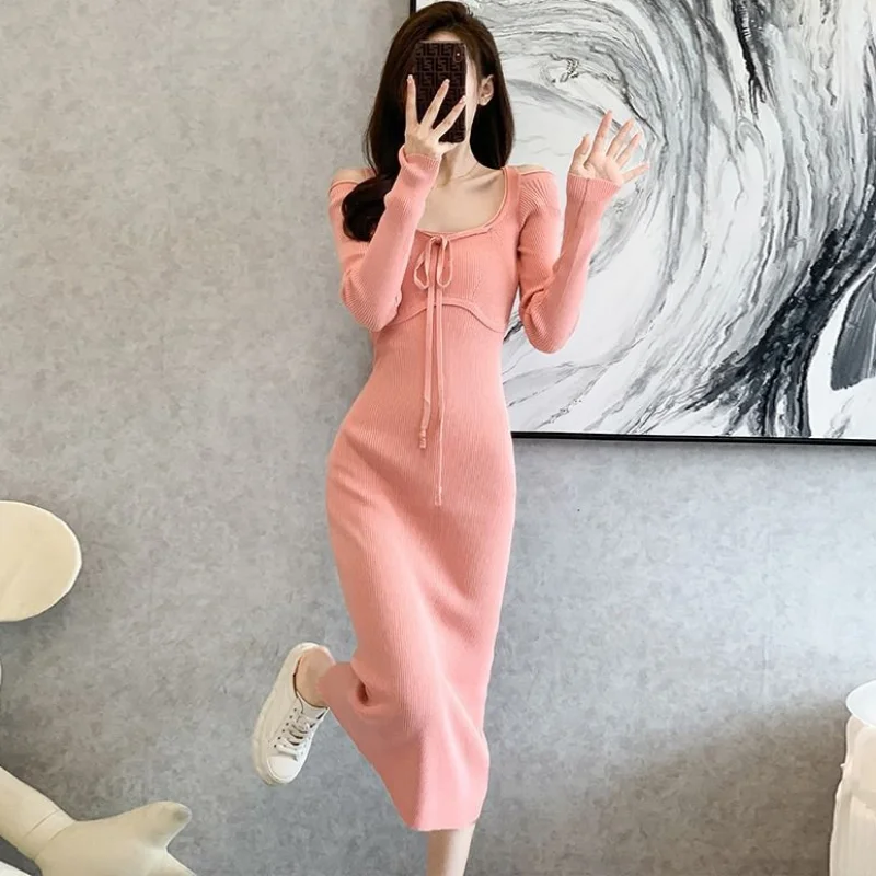 Sweater Dress Woman Autumn Winter 2024 Female Knit Dresses Casual Midi Bodycon Wrap Sexy For Fall And Winter Pink High Quality