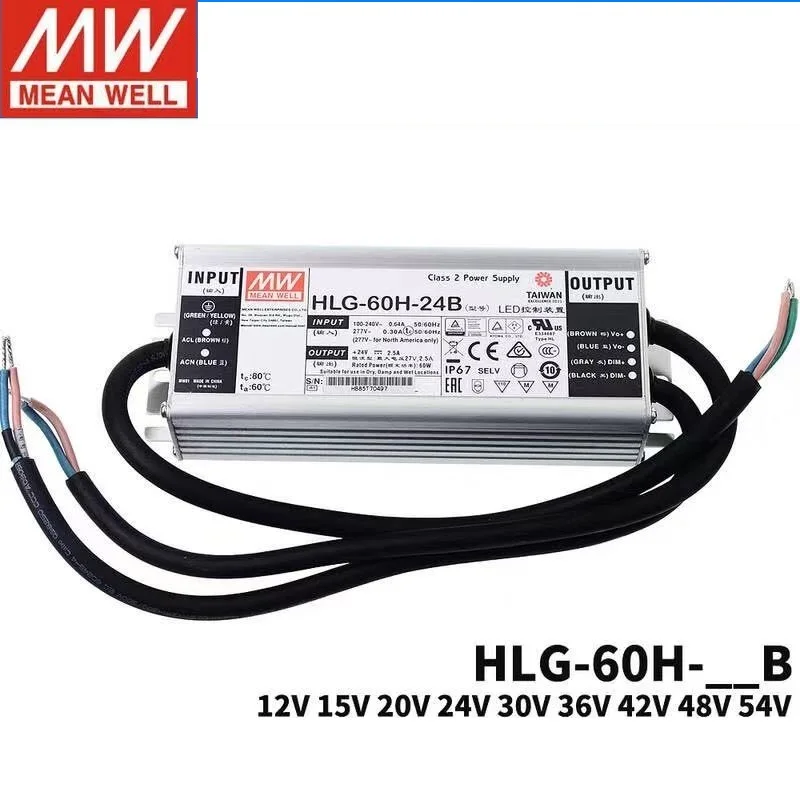 

MeanWell HLG-60H-54B 54V 1.15A Constant Voltage Constant Current 3 in 1 dimming LED lighting Driver Water proof PFC IP67