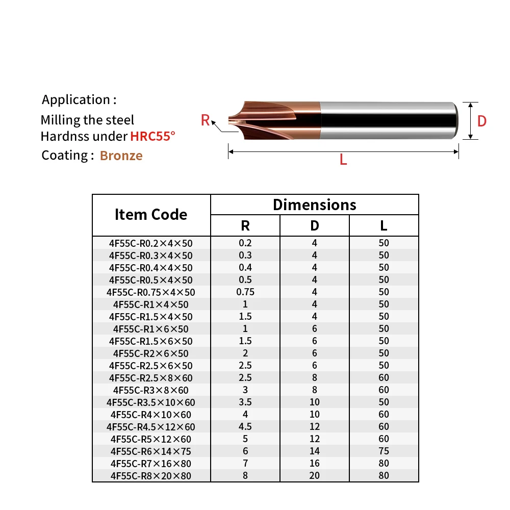 VACK HRC55 Carbide Radius Corner Rounding Milling Cutter R0.5 R1 R2 R3 R6 End Mill Inner R Mill Chamfering Router Bit  CNC Tools