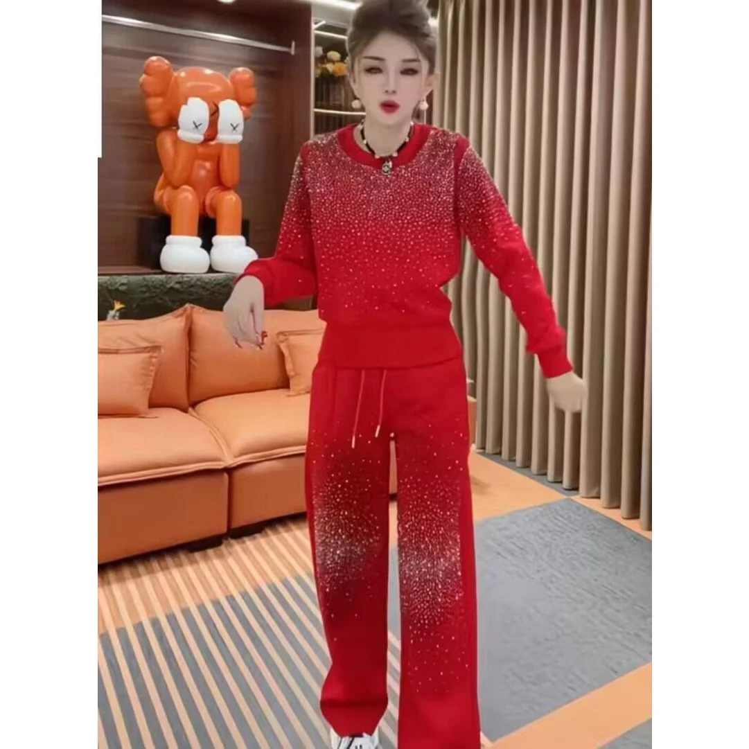 Women's Casual Sportswear Set Cotton Slant Pattern 250g Long Pants Sweatshirt Two-Piece Suit Autumn Spring Fashion