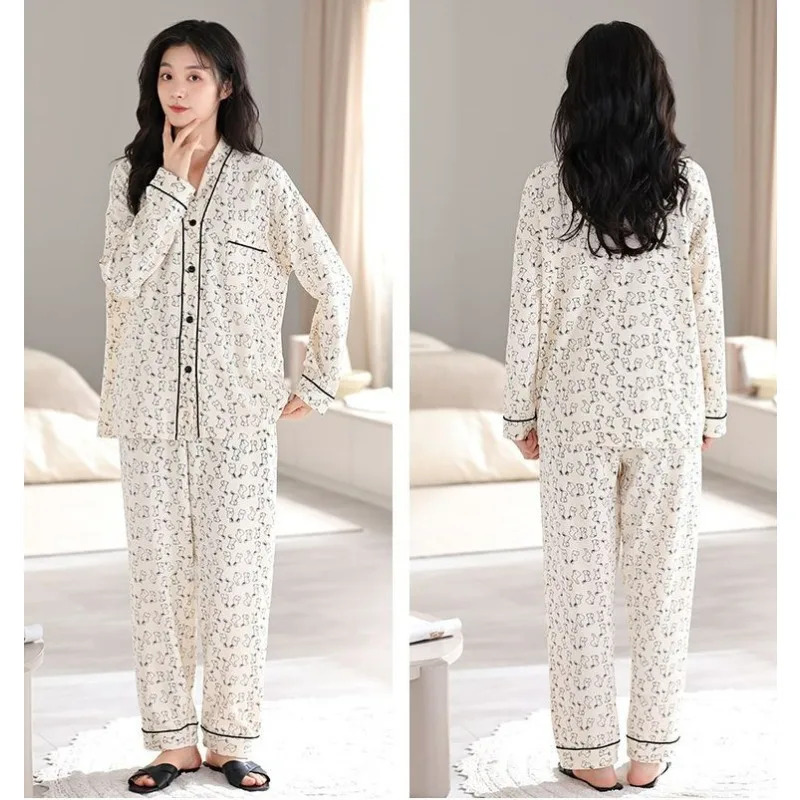 Women Pajamas 2024 Spring Autumn New Pure Cotton Long Sleeve Large Size V-neck Female Homewear Suit Casual Loose Sleepwear Set