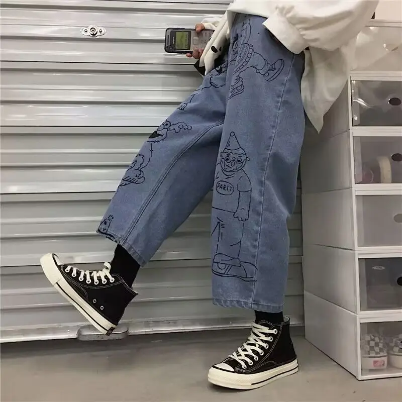 

Calf-Length Jean Pant 2024 New Women Cartoons Hip Hop Harem Trousers Harajuku Streetwear Loose Wide Leg Casual Denim Pants