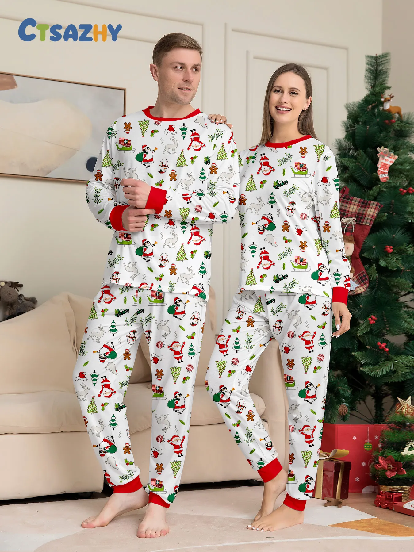 

Рождественский комплект пижамы для пар Санта-Клаус, олени, пряники, рождественская елка с принтом, красно-белая пижама