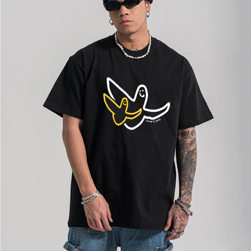 Koreański Co to jest to nie jest mężczyźni i kobiety lato z krótkim rękawem Little Flying Man Casual bawełniana koszulka w stylu vintage Hip Hop