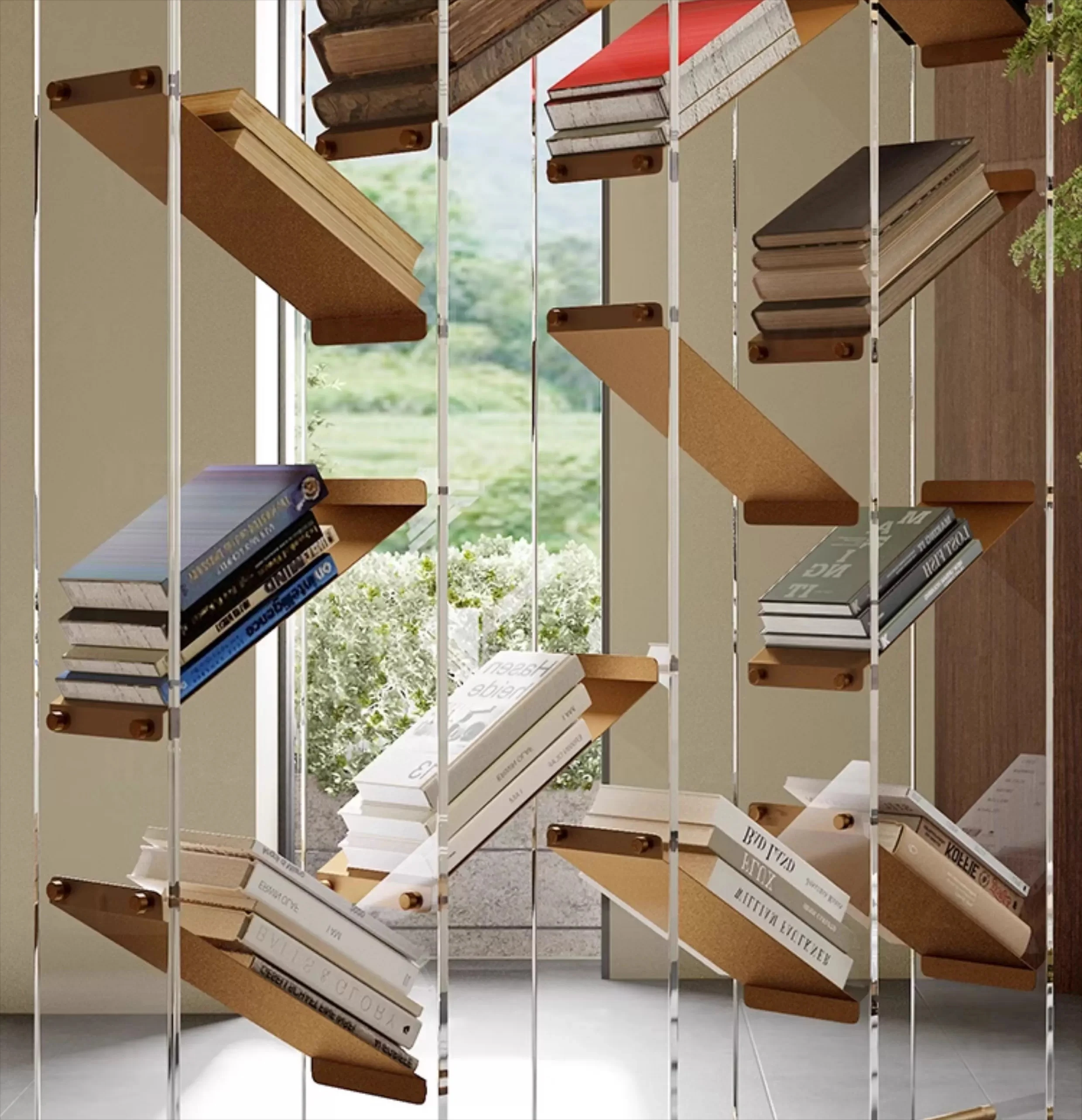 

Italian minimalist vertical floor-to-ceiling home against the wall, living room, office shelf