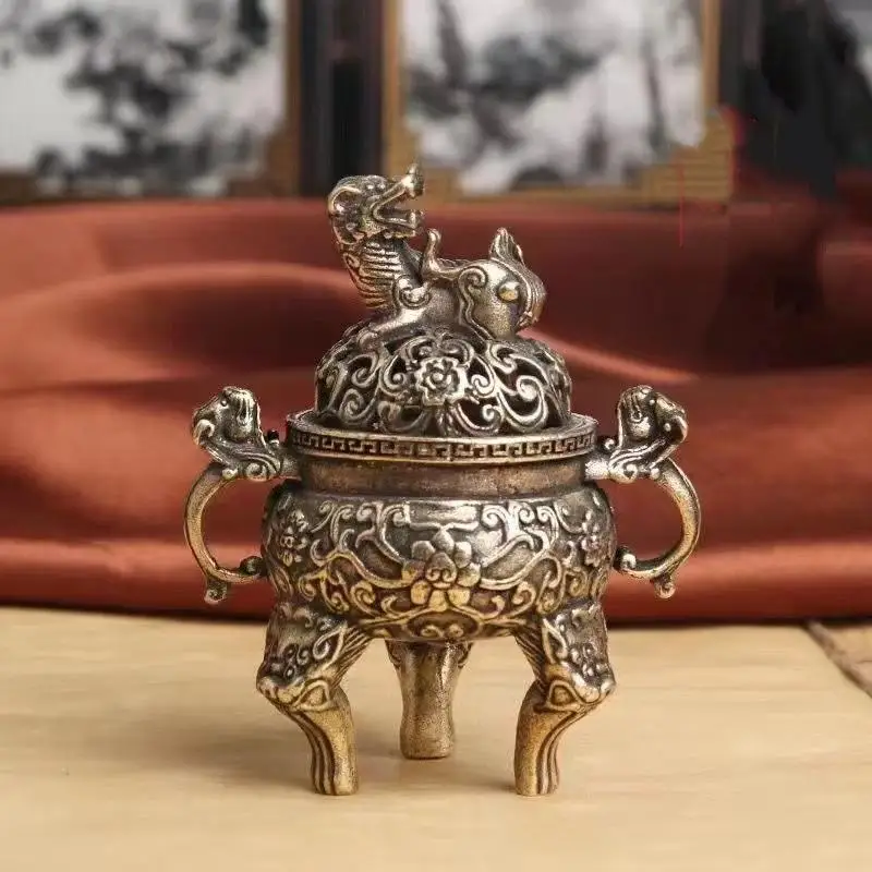Chinese Ornament Pure Copper Kirin Incense Burner Figurine, Pi Feng Shui Wealth Decor