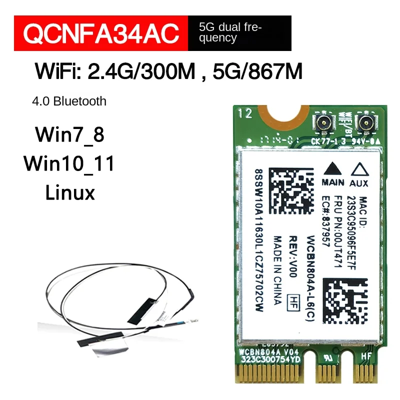 QCNFA34AC NFA344 2x2AC+BT4.0 M.2 WLAN Card For Lenovo THINKCENTRE M600 M700 M900 700-25ISH Y900-34ISZ S400Z Series ,FRU 00JT471