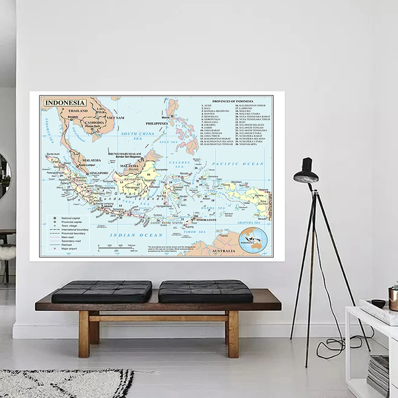 

Инструменты для обучения географии: Карта Индонезии на английском языке - Административная карта, настенный художественный постер, декоративное украшение без рамки