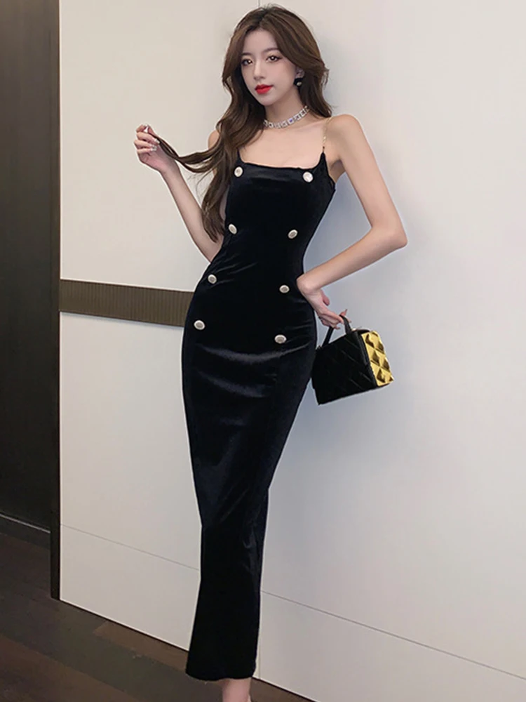 New Spring Autumn Fashion Velvet Women Evening Dress Black Sexy Low Cut Skinny Midi Dresses Party Gown Robe Femme Mujer Vestidos